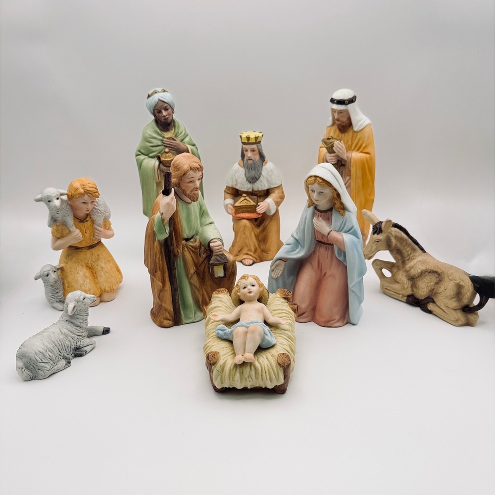 Vintage Homco Nativity Set 9 Piece Bisque Porcelain Original Box #5599